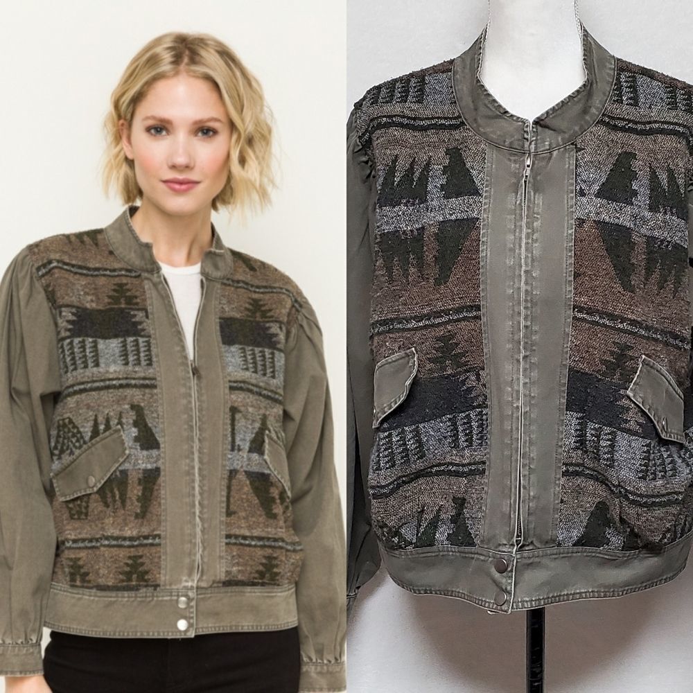 MYSTREE Women's Jacquard Aztec Print Front Twill Pleated Full-zip Bomber Jacket